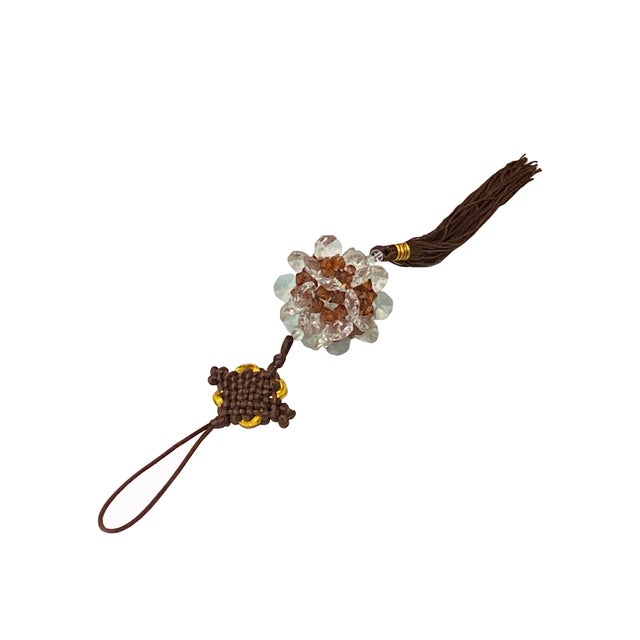 1990s Oriental Brown Clear Resin Crystal Cut Beads Tassel Art For Sale - Image 5 of 6