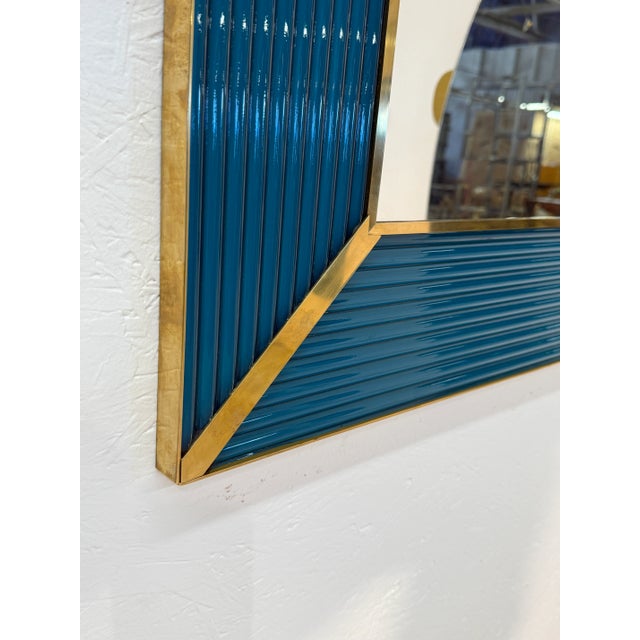 Italian Mid-Century Italian Mirror With Teal Ribbed Frame and Brass Accents 1970s For Sale - Image 3 of 7