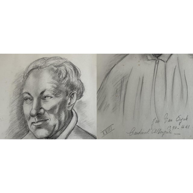 Mid 20th Century Old Master Artwork Drawings: Leonardo, Bruegel, Van Eyck, Clouet, Watteau (Set of 5) - Unknown Artist For Sale - Image 4 of 9