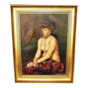 1930s Portrait Oil Painting of a Semi-Nude Woman, Framed