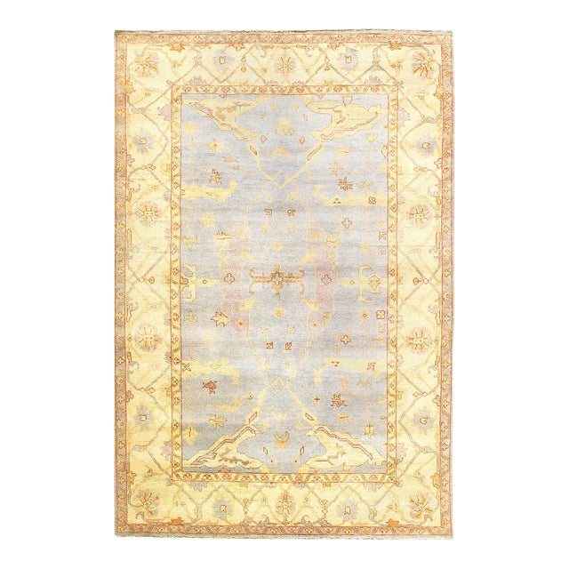 Light Blue Fine Hand Knotted Oushak Rug For Sale