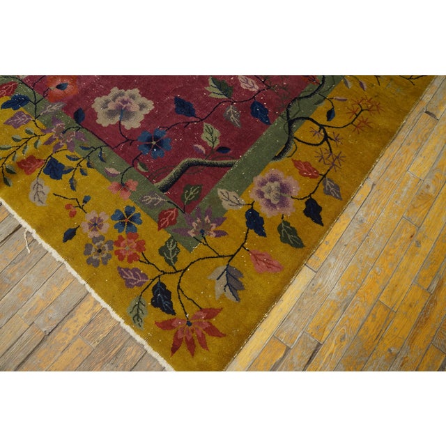 1920s Pink Rose Floral Antique Chinese Art Deco Carpet 9' X 12' Knotted Wool Rug For Sale - Image 11 of 11