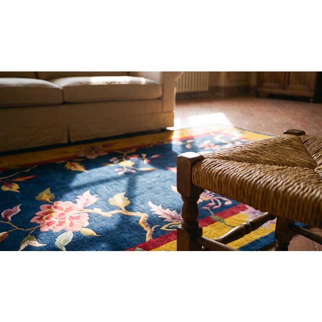 Lovely Navy Blue Background and Yellow Gold Border Color With Floral Design Antique Chinese Art Deco Rug For Sale - Image 13 of 15