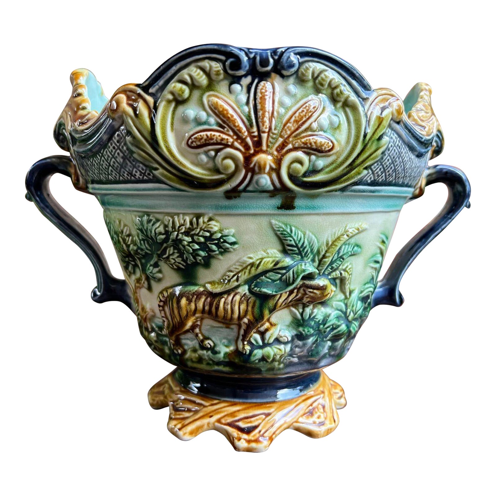 Antique French Majolica Jardinière Onnaing Tiger Monkey Jungle Cache ...