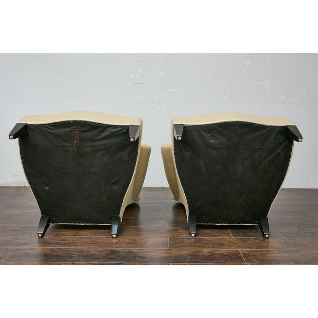 Pair of Vintage French Lounge Chairs with Camelbacks, Rolled Arms, Ebonized Legs For Sale - Image 4 of 12