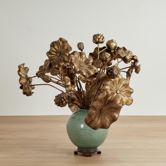 Vintage Bouquet of Carved Wood Lotus Leaves in a Celadon Vase For Sale In West Palm - Image 6 of 11