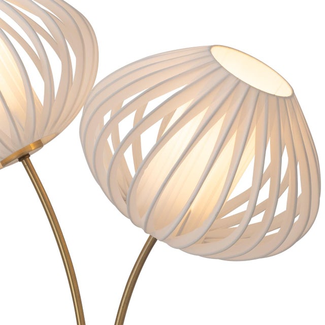 1990s Modern Style Bloom Pair Light Brass Table Lamp - Weathered Brass, White Marble Base, White Satin Shade For Sale In Los Angeles - Image 6 of 8