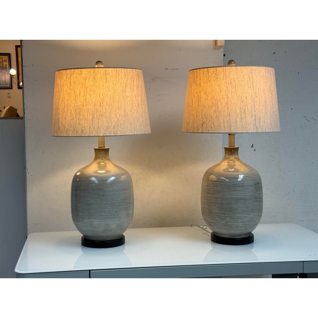 Gray Modern Farmhouse Ceramic Table Lamps - a Pair For Sale - Image 8 of 12