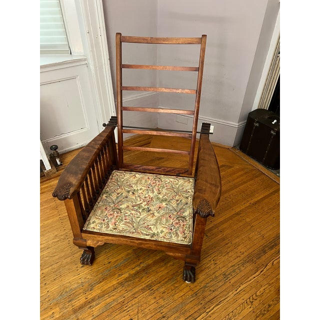 Morris Style Reclining Chair With Floral Upholstery, Oak Leaf Detail on Armrest and Claw Feet For Sale - Image 10 of 10