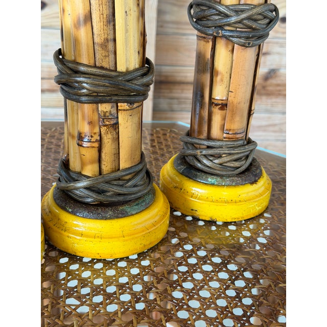 English Set of Three Vintage Scorched Bamboo and Rattan Wrapped Candlesticks For Sale - Image 3 of 12