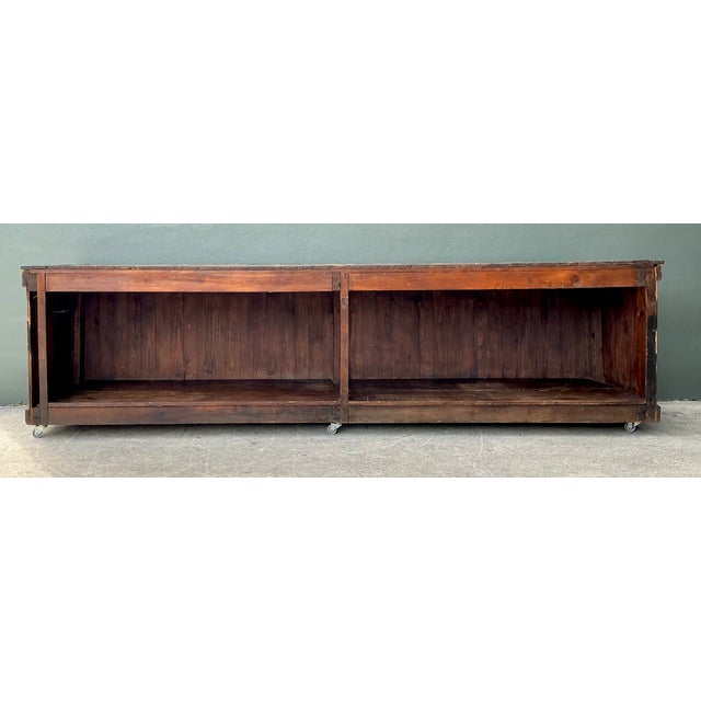 Vintage Wood Industrial Long Counter For Sale - Image 4 of 13