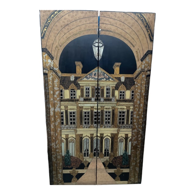 Monumental Fornasetti Style Trompe-l'Oeil Architectural Folding Screen For Sale