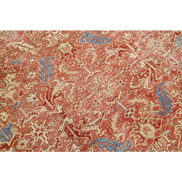 Textile Handmade Persian Heriz Handmade Wool Rug in Red-Rust With Medallion Motif For Sale - Image 7 of 8