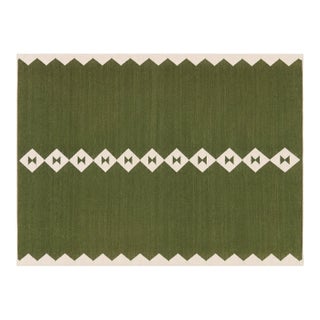 Handmade New Zealand Wool Dhurrie, Olive Green and White Diamond Rug- 8'x10' For Sale
