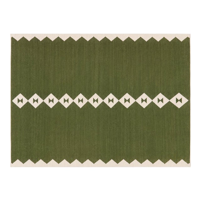 Handmade New Zealand Wool Dhurrie, Olive Green and White Diamond Rug- 8'x10' For Sale