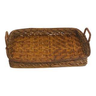 Vintage Bamboo Rattan Woven Tray With Handles For Sale