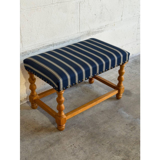 1970s Blue Striped Upholstered Oak Ottoman Danish Mid-Century Modern 1970s For Sale - Image 5 of 9