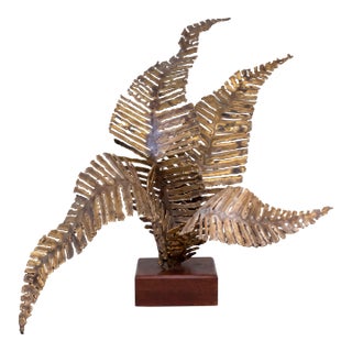 Mid-Century Modern Brutalist Torch Cut Brass Fern Sculpture W/ Wood Base For Sale