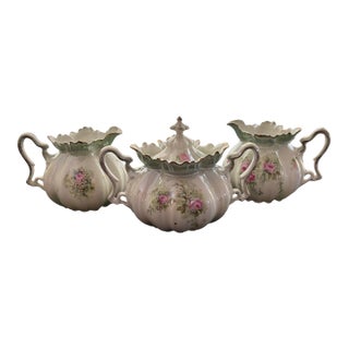 Antique Rs Prussia Porcelain Creamer and Lidded Sugar Bowl Set - Set of 3 For Sale