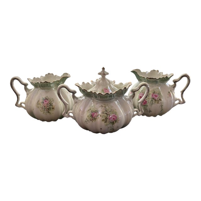 Antique Rs Prussia Porcelain Creamer and Lidded Sugar Bowl Set - Set of 3 For Sale