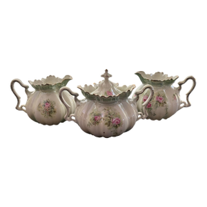 Antique Rs Prussia Porcelain Creamer and Lidded Sugar Bowl Set - Set of 3