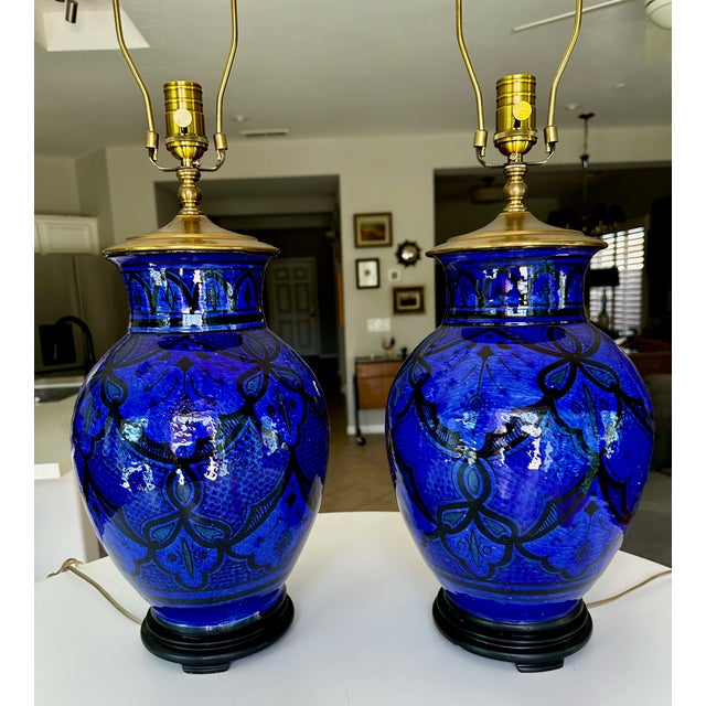 Pair of Vintage Mid-Century Moorish Safi Hand-Painted Cobalt Ceramic Table Lamps For Sale - Image 16 of 17