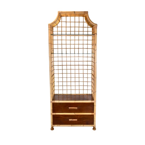 1970's Vintage Coastal Pagoda Bamboo Etagere Bookcase With Glass Shelves and Drawers For Sale
