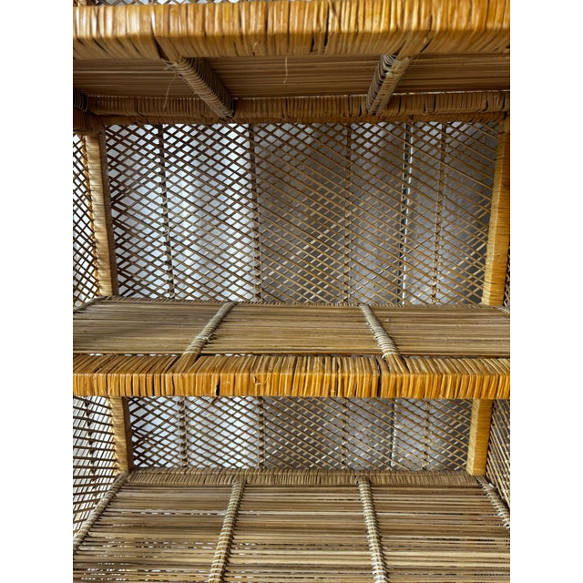 Wood Vintage Asian Boho Chic Wicker Rattan Arched Peacock Etagere Display Book Shelf For Sale - Image 7 of 9