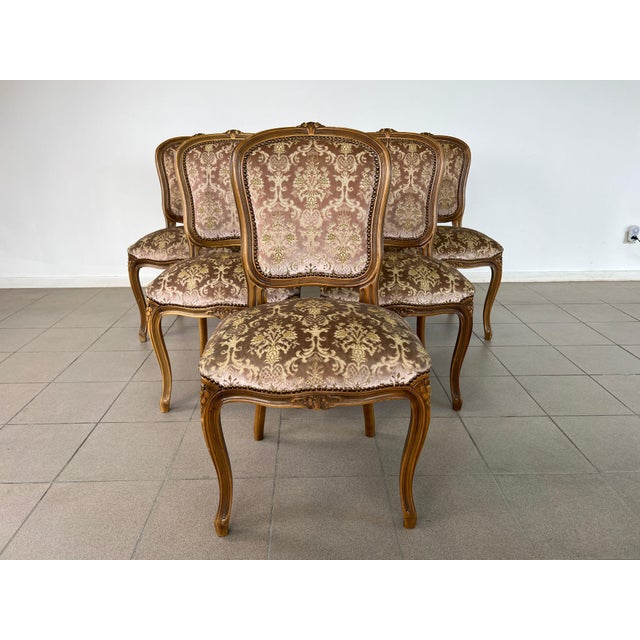 Dimensions: H 36.5” x W 19” x D 21” x SH 20” Set of 6 Vintage French Louis XV style dining chairs. Original upholstery...