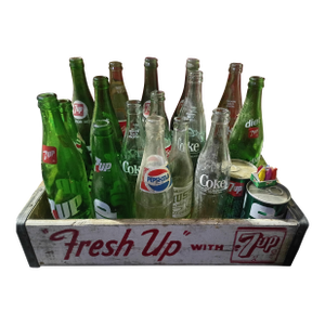 Vintage Mid-Century “Fresh Up” 7up Wooden Soda Crate & Americana Bottle Collection | Bar Cart Decor