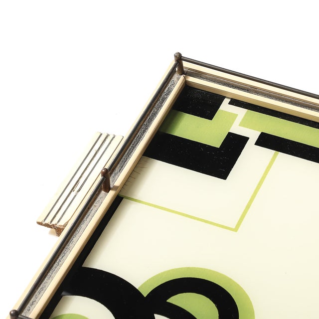 Art Deco Eglomise Cubist Graphic Geometric Motif Tray W/ Cream Lacquered Border For Sale - Image 11 of 12