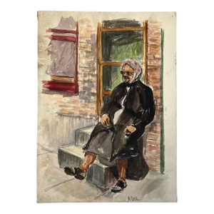 Vintage Expressionist Portrait of Old Woman Sitting on South Philly Stoop, Signed (C. 1955, Watercolor on Paper)