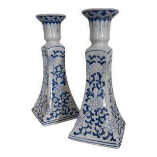 Vintage 1970s Chinoiserie Hand Painted Candle Holders Blue and White - Set of 2 For Sale