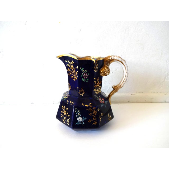 Antique Mason's Staffordshire Ironstone Mazarine Cobalt Blue Pitcher W/ Enamel & Gilt Floral Sprigs Serpent "Hydra" Handle 1813-1820 For Sale In San Francisco - Image 6 of 13