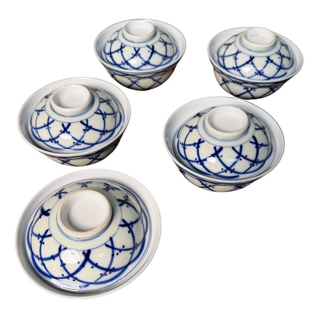 Vintage Japanese Porcelain Lidded Bowls, 1970s, Set of 5 For Sale