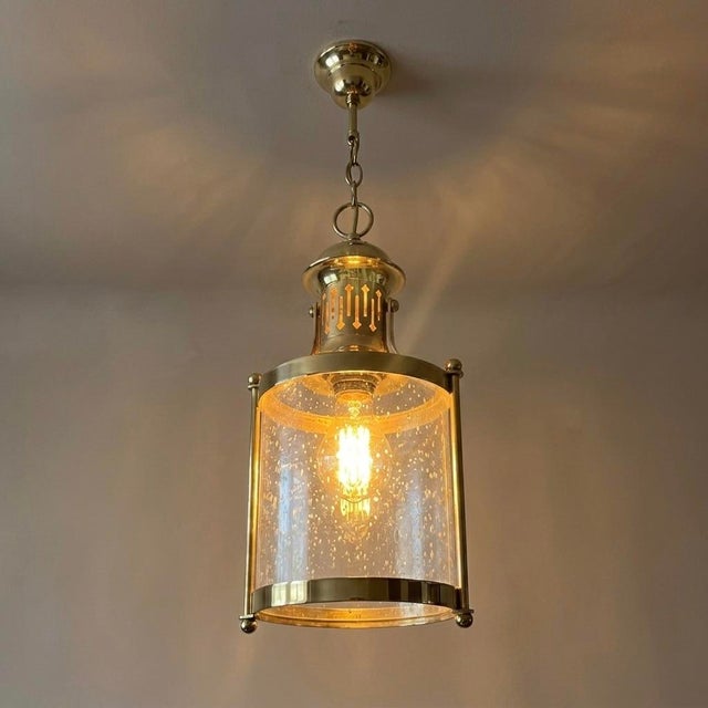 Midcentury Italian Pendant Lamp or Lantern Made of Brass and Blown Glass, From the 1970s For Sale - Image 6 of 6