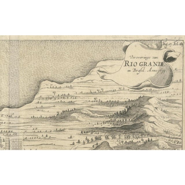 The image is an engraving titled “veroveringe van rio grande in brasil anno 1633.” this historical print depicts the dutch...