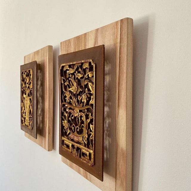 Pair of c.1920 Antique Chinese Giltwood Openwork “Peace & Prosperity” Panels For Sale - Image 11 of 12