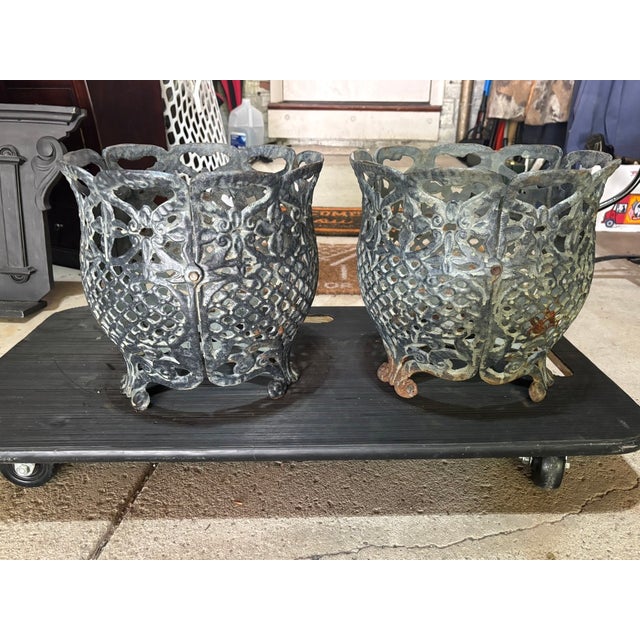 Dove Gray Matching Pair of Antique Victorian Cast Iron Reticulated/Lacework Planters For Sale - Image 8 of 18