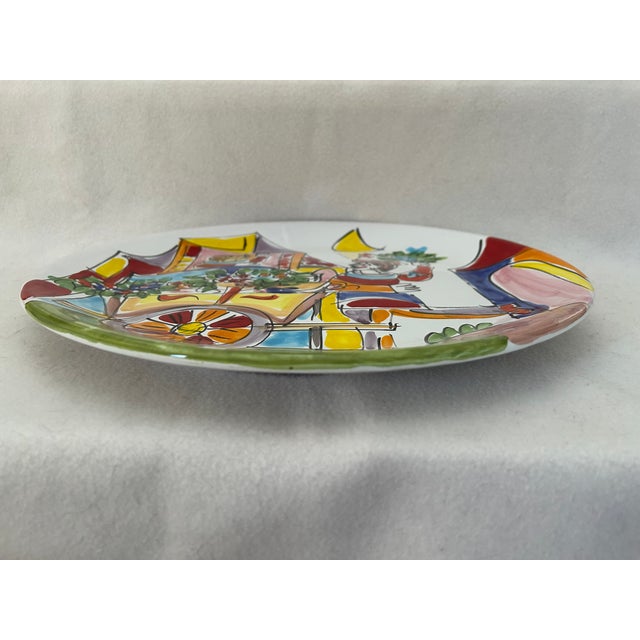 Italian Vintage Italian Terracotta Art Pottery La Musa Desimone Saks Fifth Avenue Hand Painted Flower Cart Romance Serving Platter For Sale - Image 3 of 4