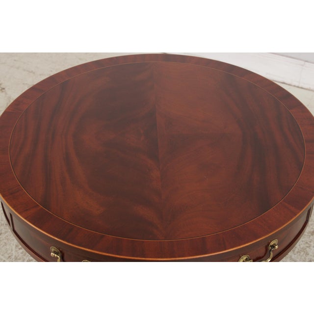 1990s Baker Round Mahogany Pedestal Drum Table For Sale - Image 5 of 16