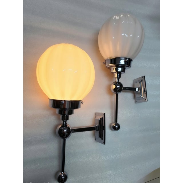 Pair Vintage Art deco light Old Lamp Wall Sconces Fixture Nickel Brass & Ribbed Milk Glass Shade Ship Light Excellent...