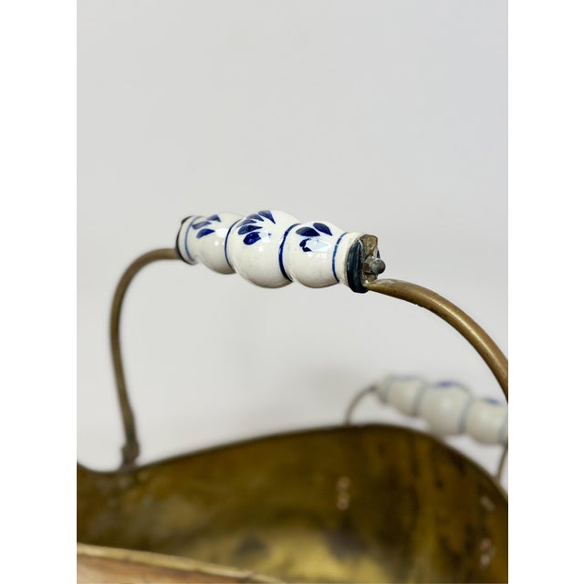 Antique Brass and Blue Porcelain Coal Scuttle Helmet Form Early 20th Century For Sale - Image 4 of 12