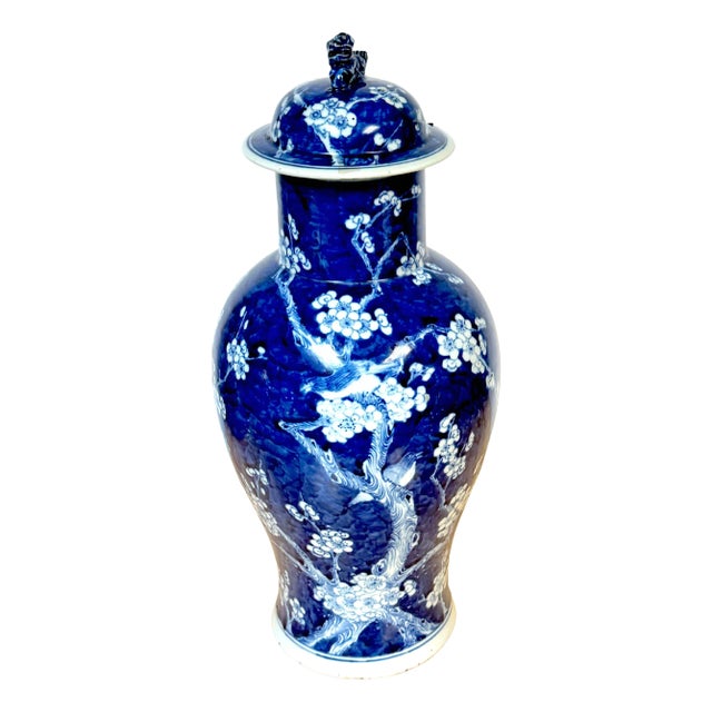Chinese Blue & White 'Prunus & Birds' Jar/Vase & Cover Earlier Qing Dynasty For Sale