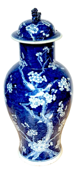 Chinese Blue & White 'Prunus & Birds' Jar/Vase & Cover Earlier Qing Dynasty