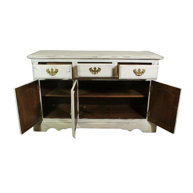 1980s Vintage French Country Distressed White Sideboard Cabinet With Brass Hardware For Sale - Image 5 of 6