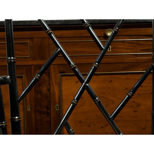 Pair of Midcentury Chinese Chippendale Style Black Faux Bamboo Armchairs For Sale - Image 4 of 9