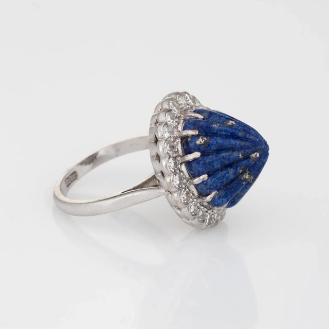 Modern Mid 20th Century Fluted Lapis Lazuli Diamond Ring 18k White Gold Mid Century Sz 5.75 For Sale - Image 3 of 7