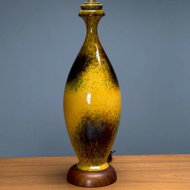 American Mid-Century Modern, Large Table Lamps, Glazed Ceramic, Yellow, Fabric For Sale - Image 9 of 10