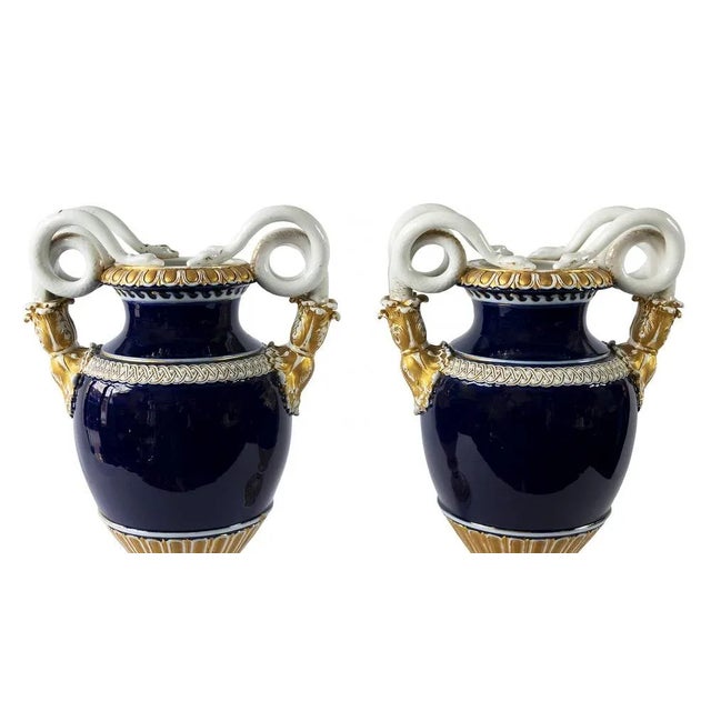 German Cobalt Blue Porcelain Vases by August Leuteritz for Meissen, 1890s, Set of 2 For Sale - Image 5 of 11